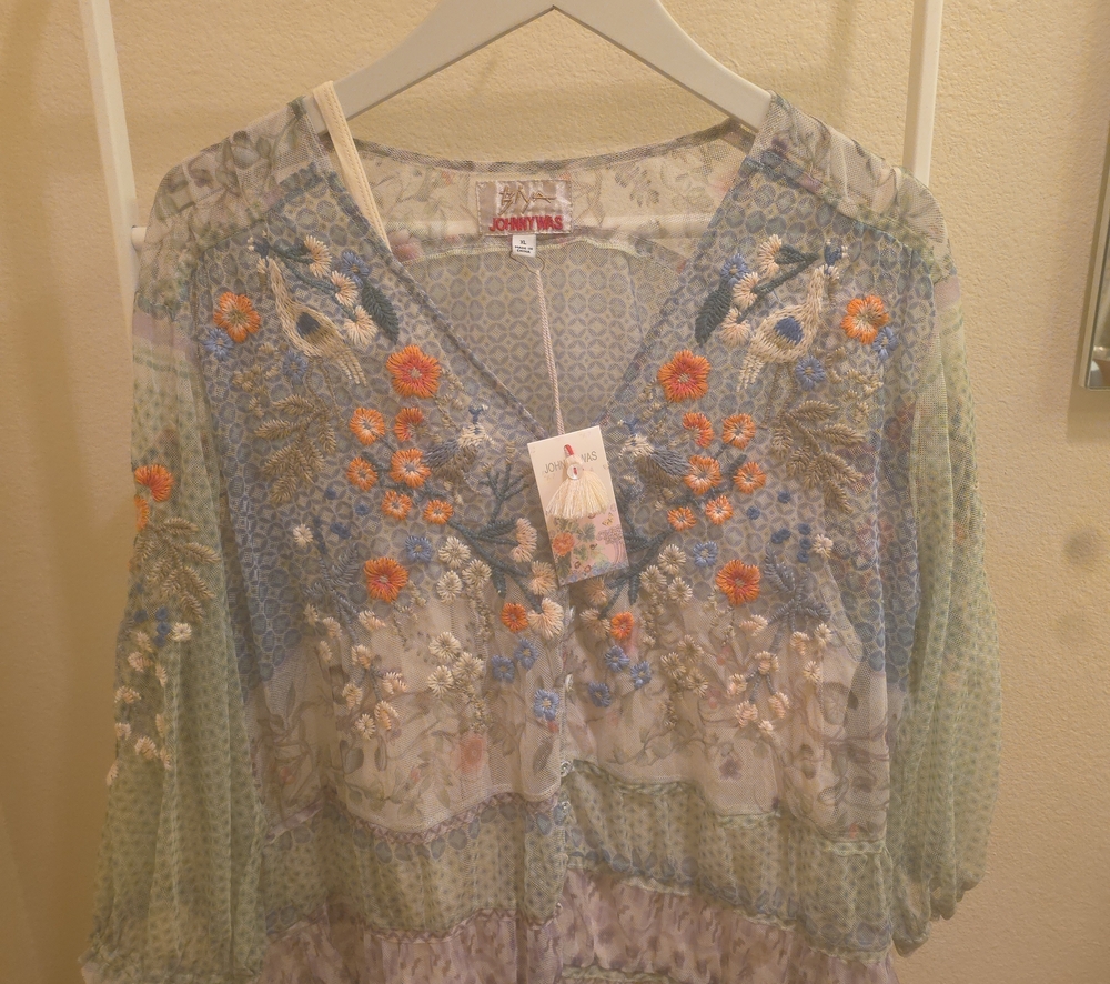 Johnny Was Blue Cream Sheer Embroidered V-Neck Tunic With Camisole